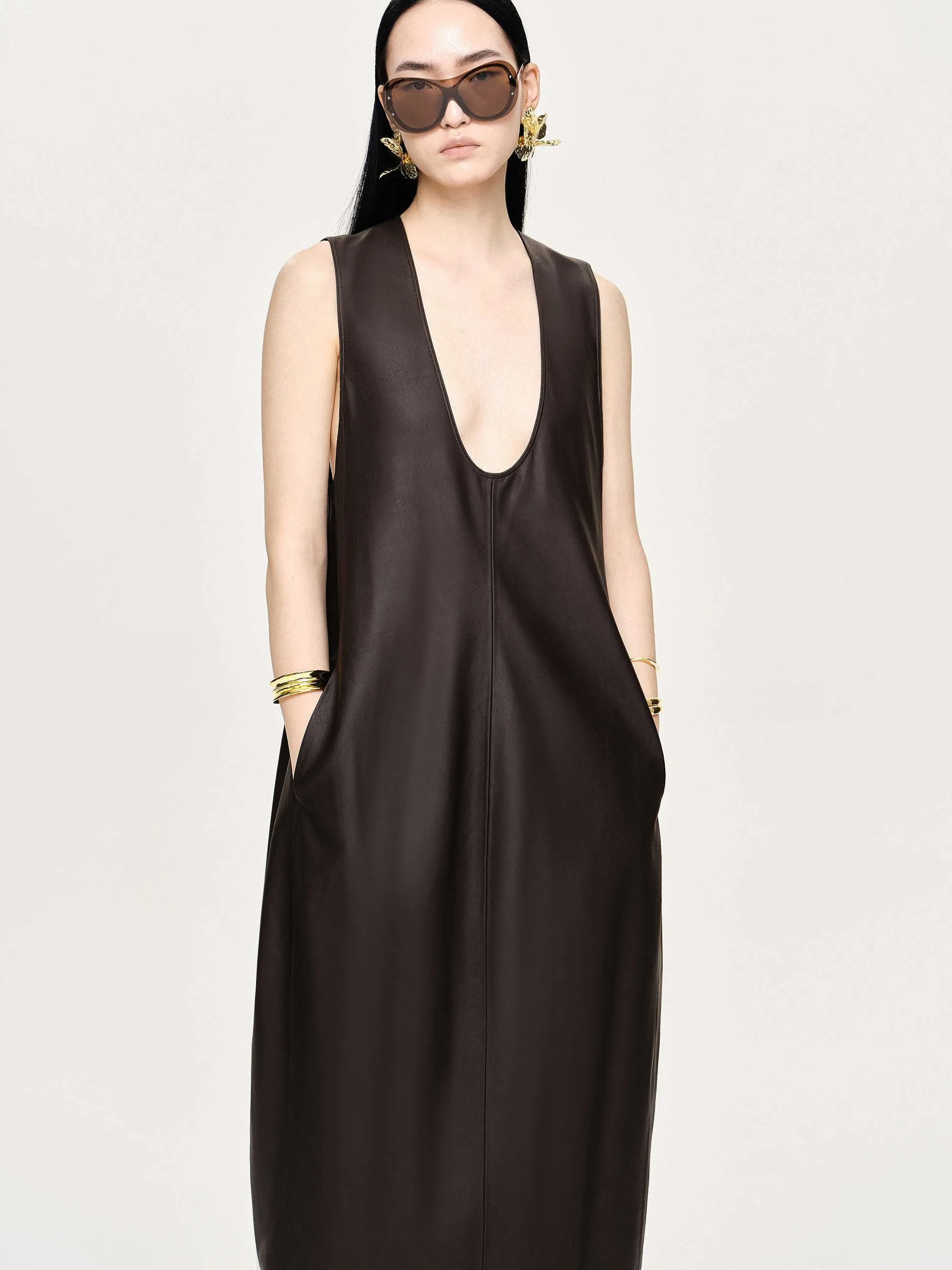 Dresses-Source Unknown Adua Faux Leather Maxi Dress, Chocolate