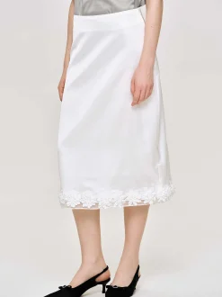 Bottoms-Source Unknown Applique Satin Skirt, White