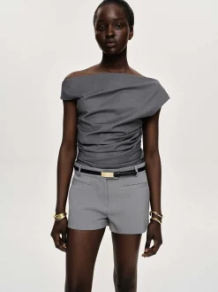 Tops-Source Unknown Asymmetric Draped Top, Charcoal