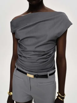 Clothing-Source Unknown Asymmetric Draped Top, Charcoal