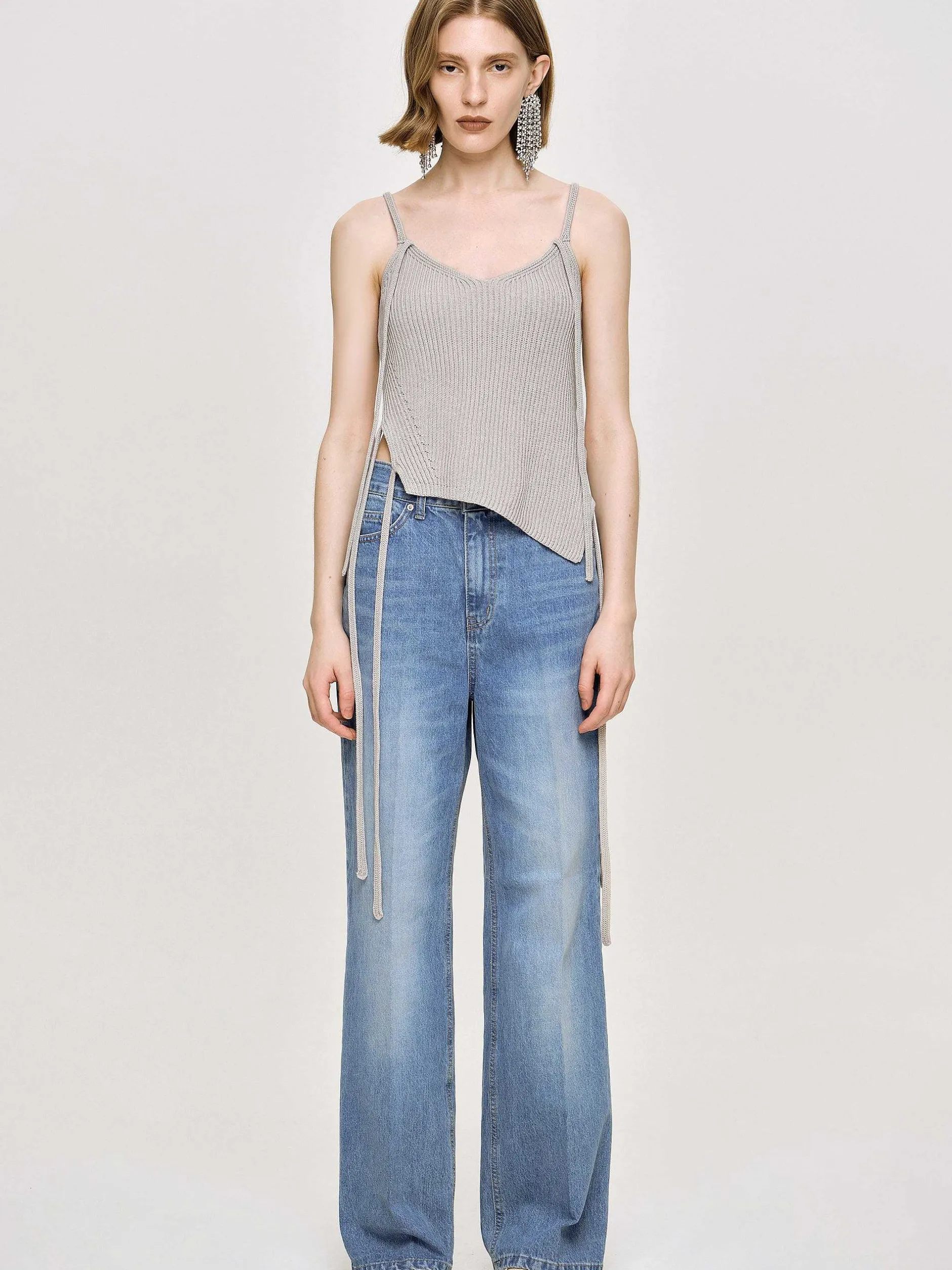 Knitwear-Source Unknown Asymmetric Knit Tank Top, Fossil Grey