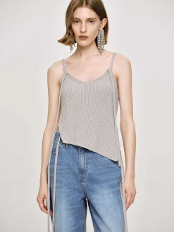 Knitwear-Source Unknown Asymmetric Knit Tank Top, Fossil Grey