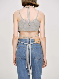 Clothing-Source Unknown Asymmetric Knit Tank Top, Fossil Grey