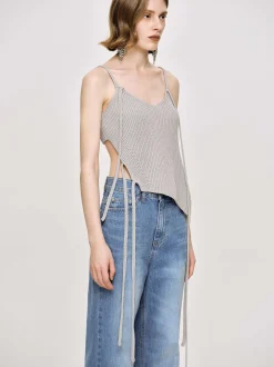 Clothing-Source Unknown Asymmetric Knit Tank Top, Fossil Grey