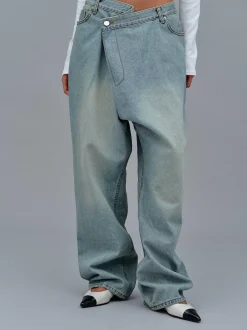 Clothing-Source Unknown Asymmetric Wrap Faded Jeans, Stone Wash
