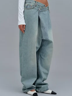 Clothing-Source Unknown Asymmetric Wrap Faded Jeans, Stone Wash