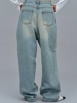 Clothing-Source Unknown Asymmetric Wrap Faded Jeans, Stone Wash