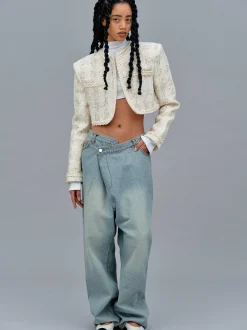 Clothing-Source Unknown Asymmetric Wrap Faded Jeans, Stone Wash