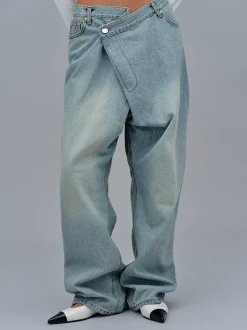 Denim-Source Unknown Asymmetric Wrap Faded Jeans, Stone Wash