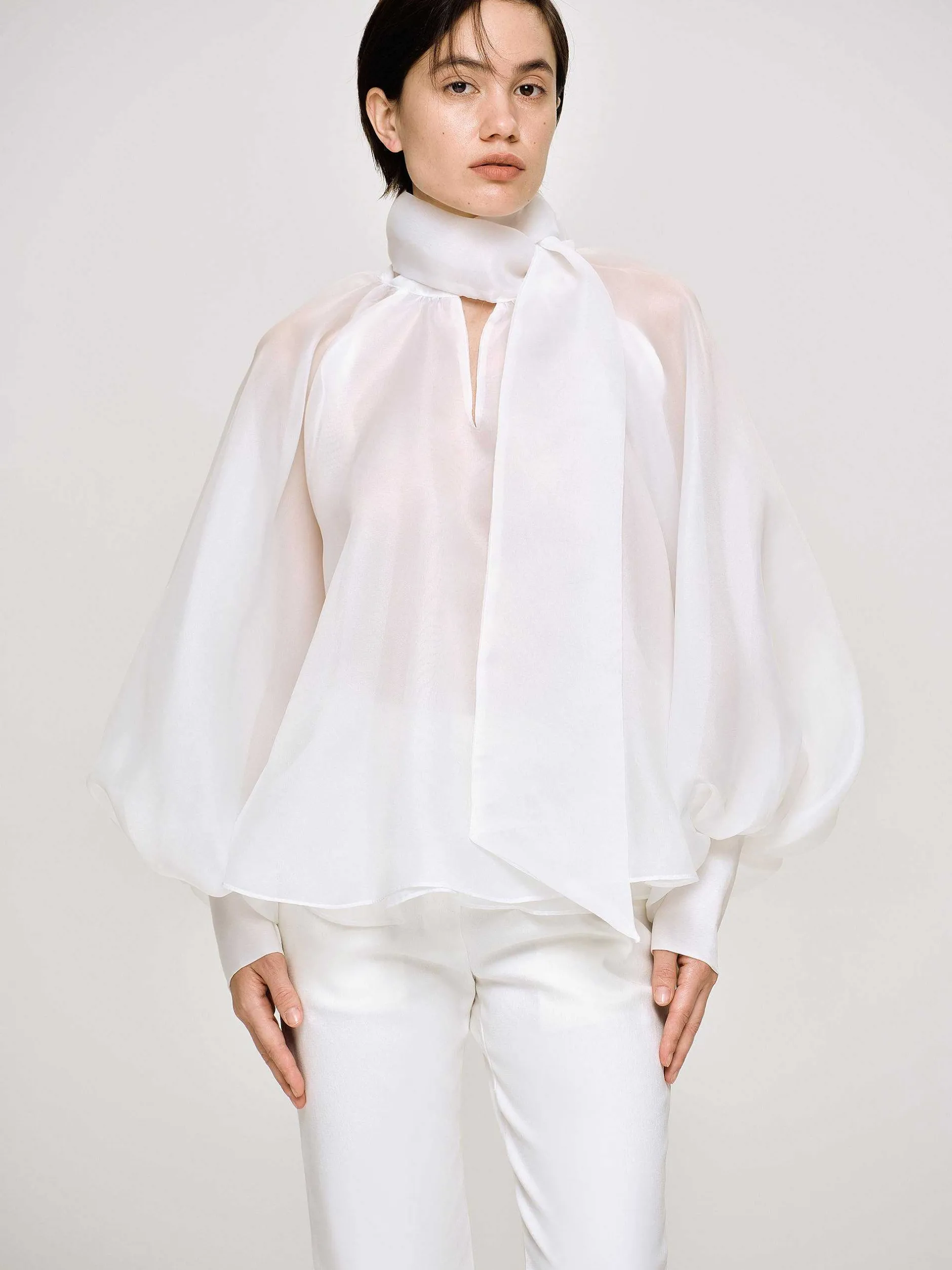 Accessories-Source Unknown Balloon Sheer Blouse, White