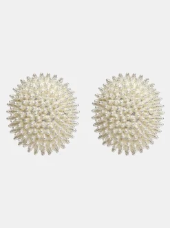 Accessories-Source Unknown Beaded Ball Earrings, Cream