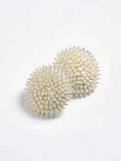 Clothing-Source Unknown Beaded Ball Earrings, Cream