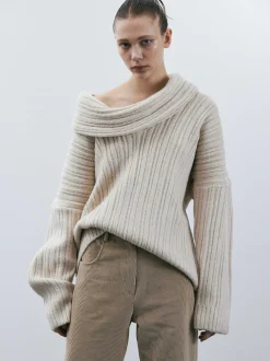Accessories-Source Unknown Becca Oversized High Roll Knit Pullover, Birch