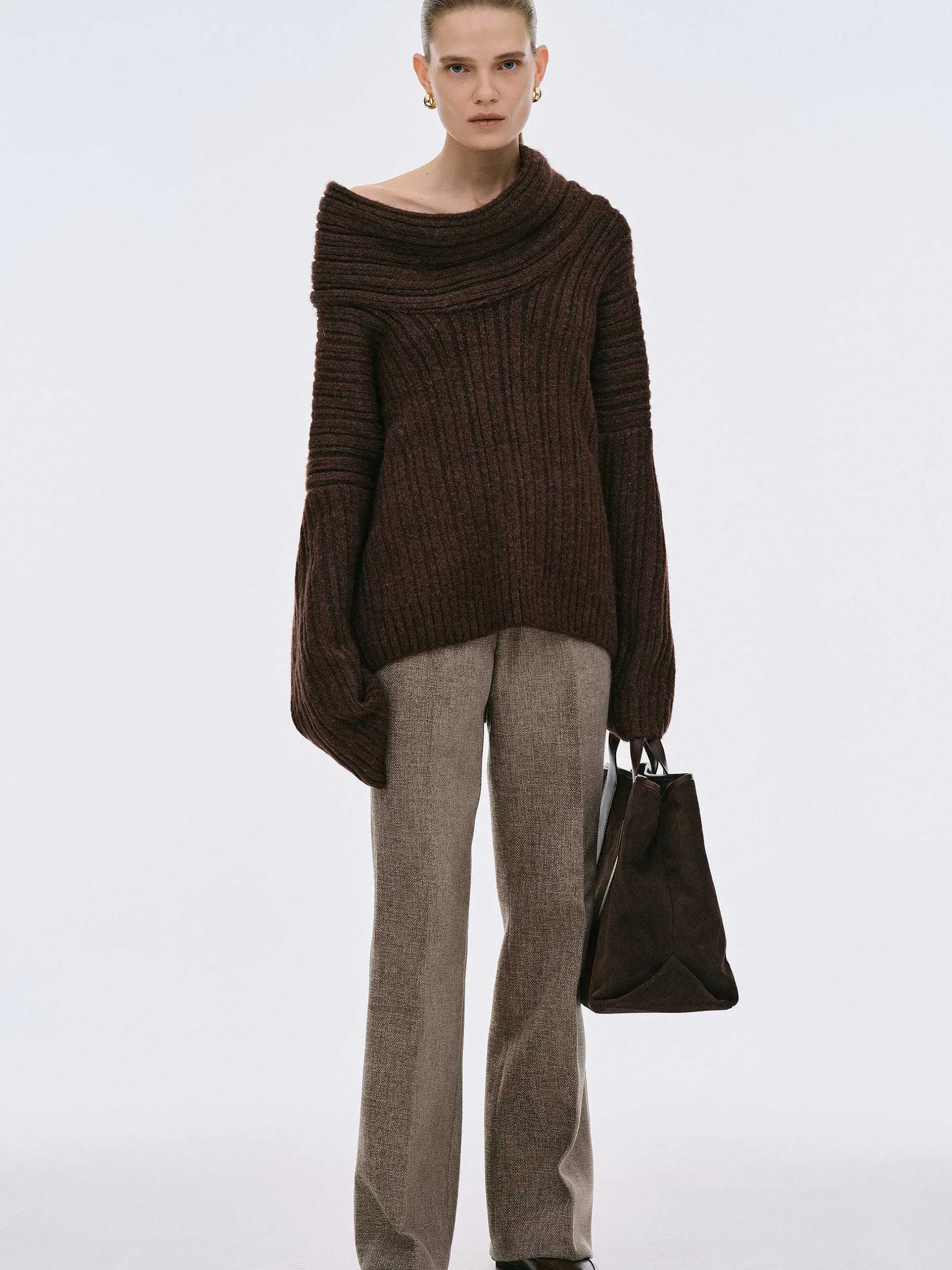 Accessories-Source Unknown Becca Oversized High Roll Knit Pullover, Chocolate