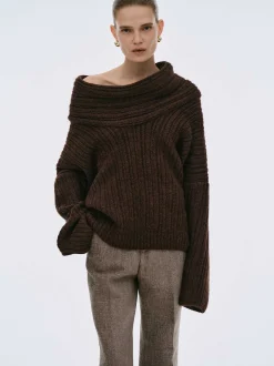 Accessories-Source Unknown Becca Oversized High Roll Knit Pullover, Chocolate