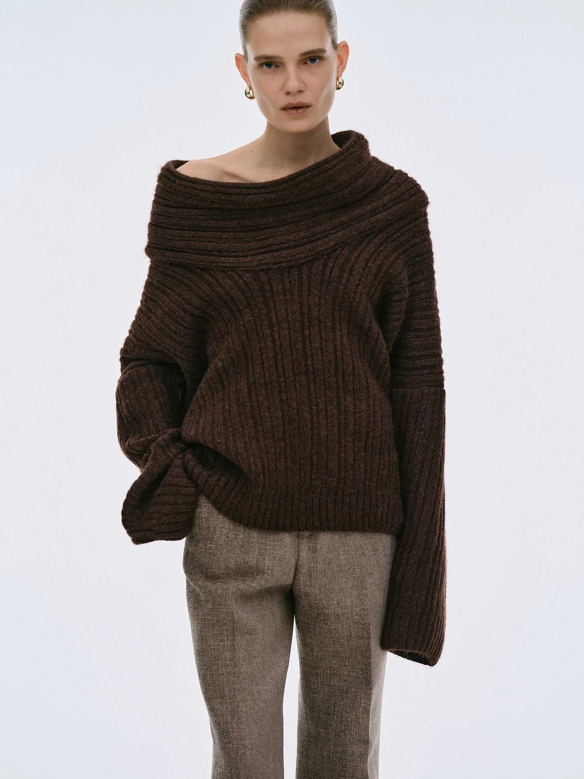 Accessories-Source Unknown Becca Oversized High Roll Knit Pullover, Chocolate