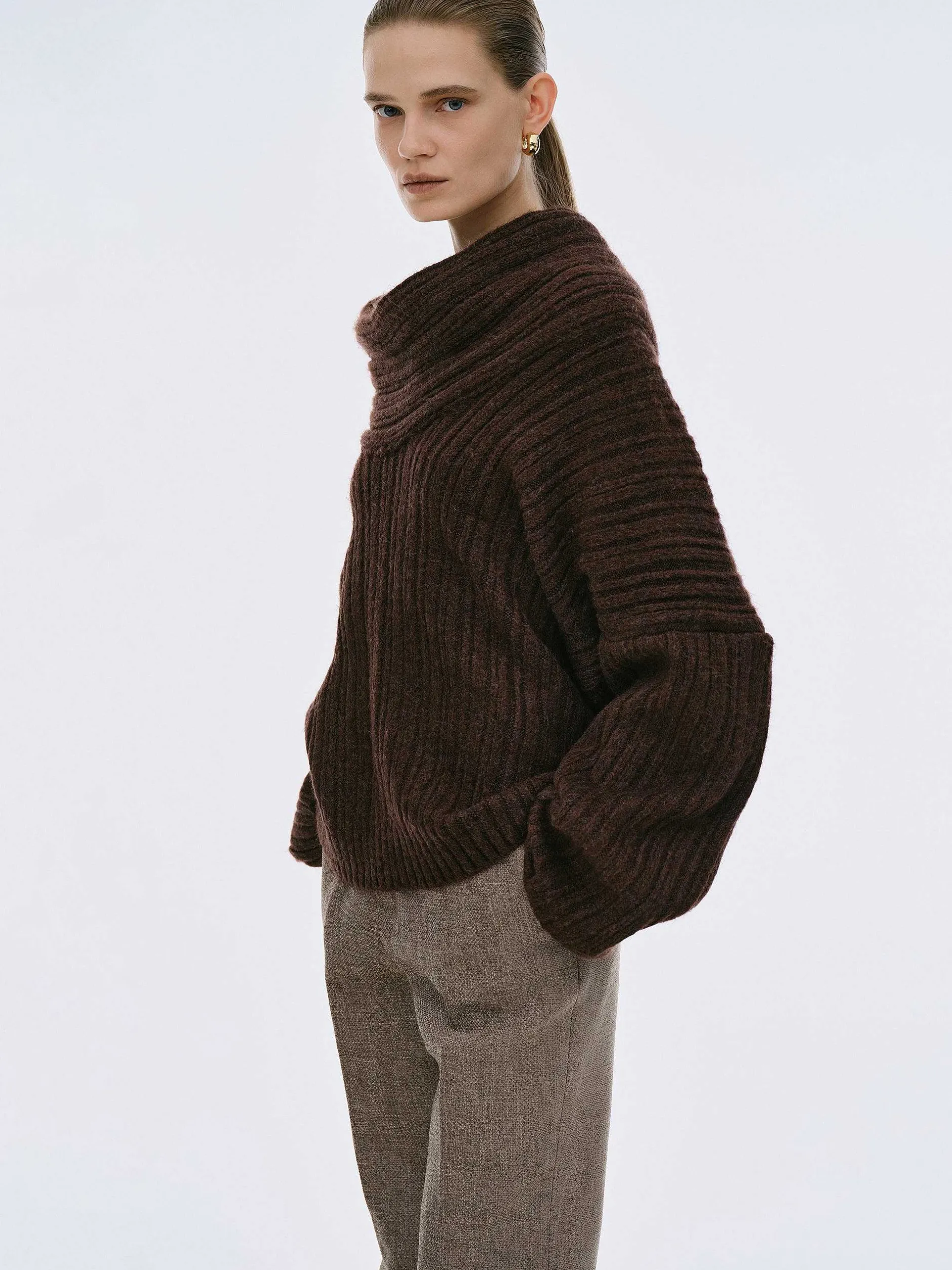 Accessories-Source Unknown Becca Oversized High Roll Knit Pullover, Chocolate