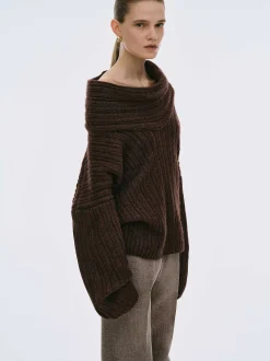 Accessories-Source Unknown Becca Oversized High Roll Knit Pullover, Chocolate