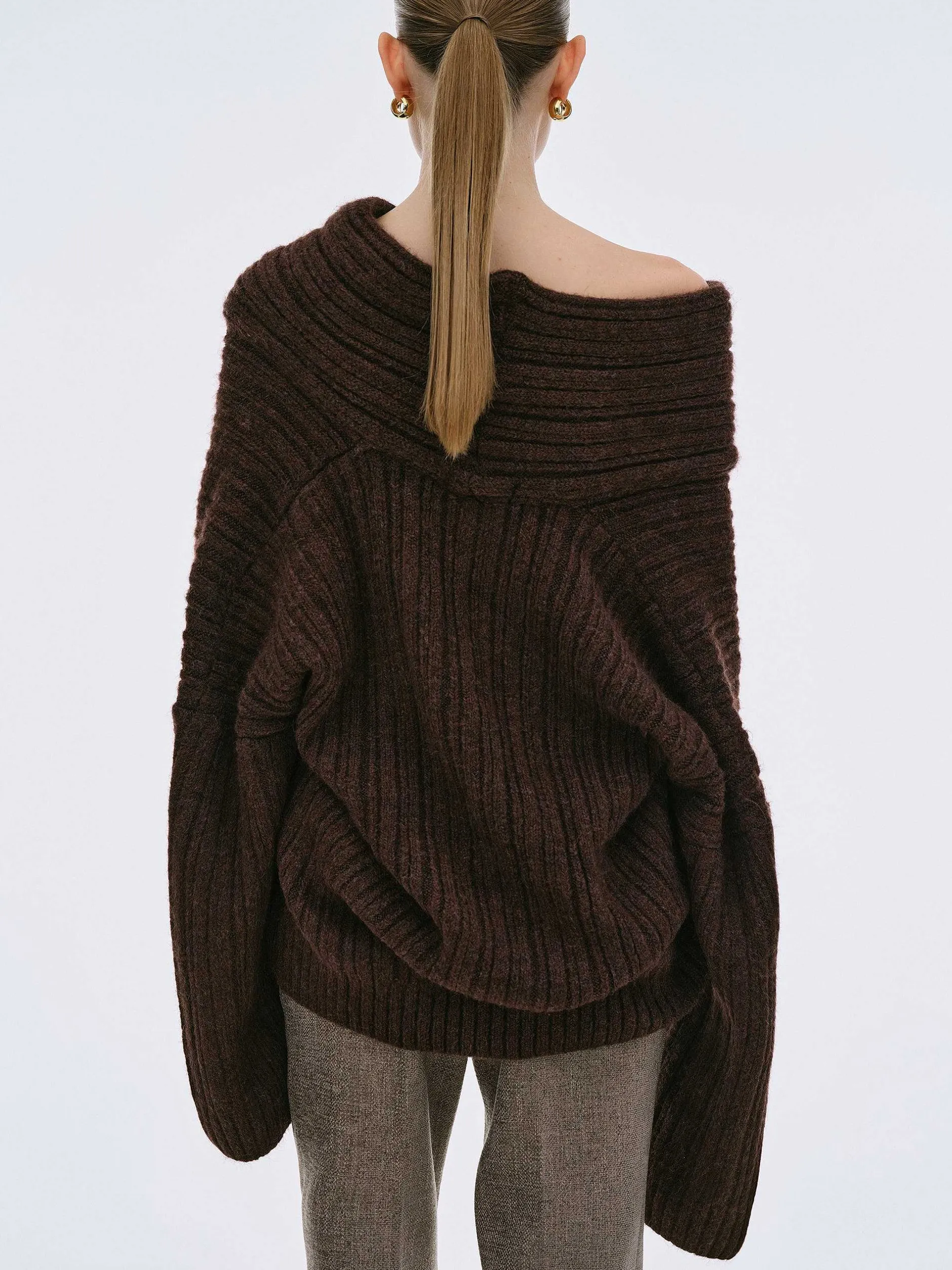 Accessories-Source Unknown Becca Oversized High Roll Knit Pullover, Chocolate