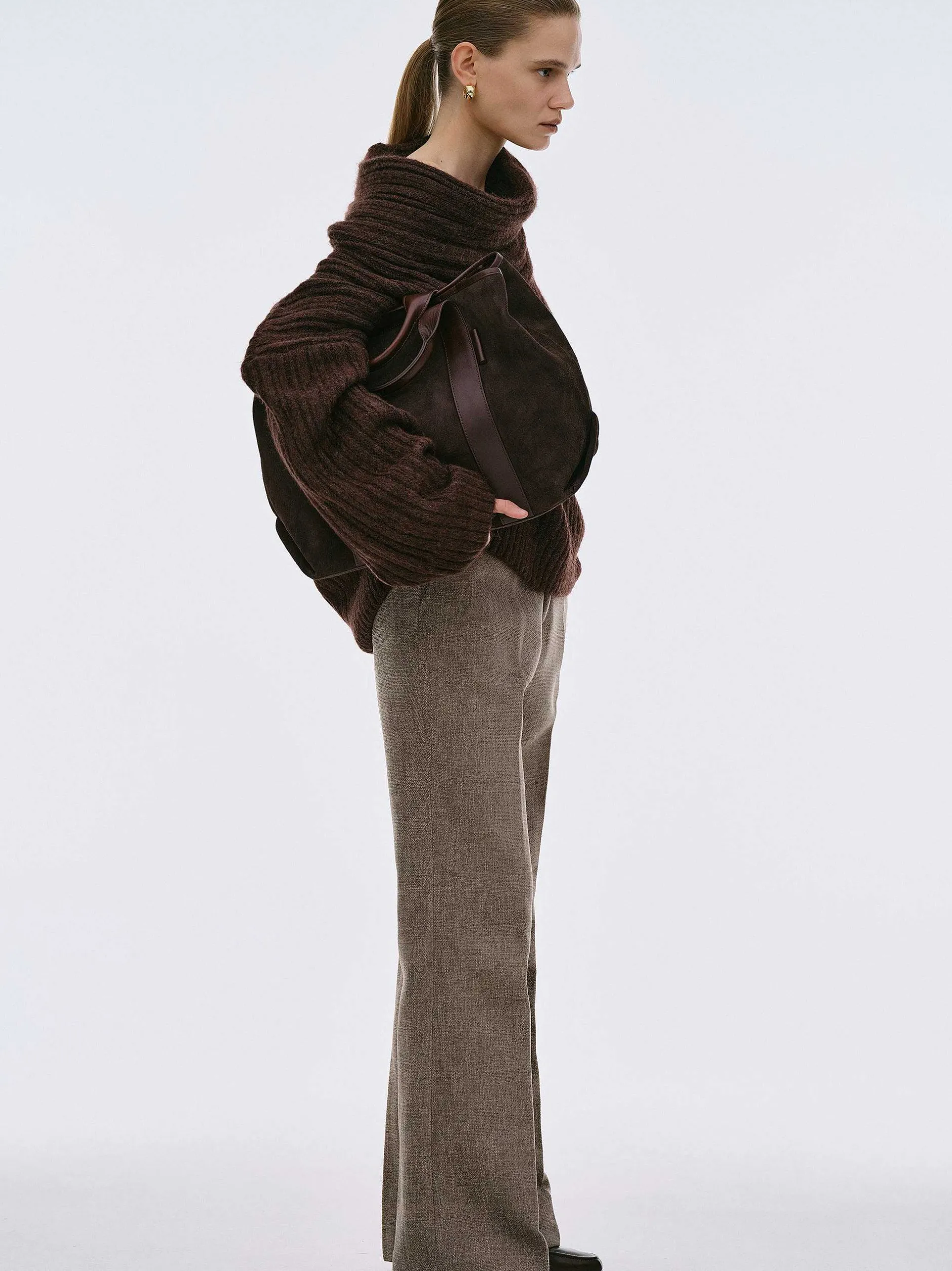 Accessories-Source Unknown Becca Oversized High Roll Knit Pullover, Chocolate