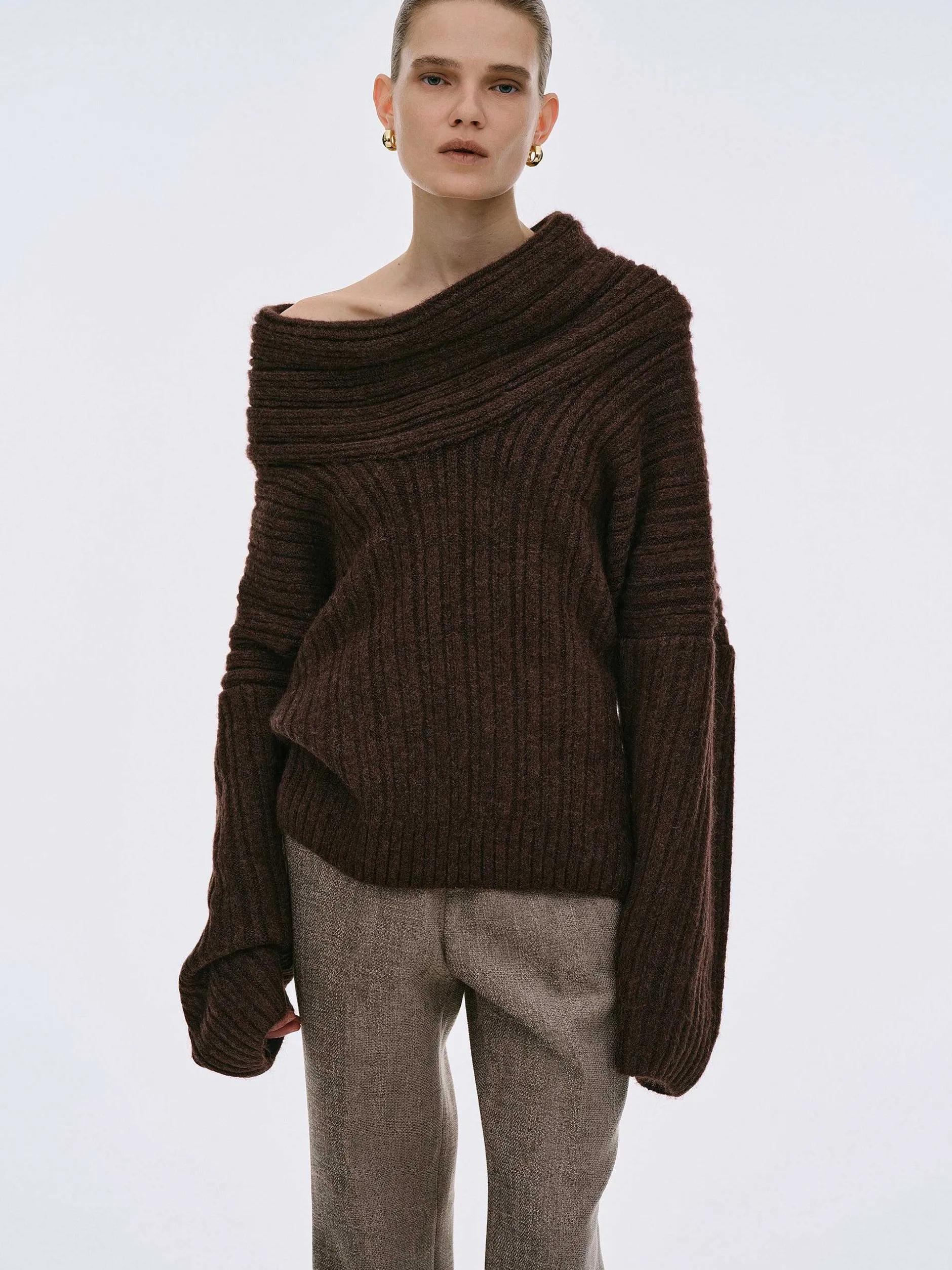 Accessories-Source Unknown Becca Oversized High Roll Knit Pullover, Chocolate