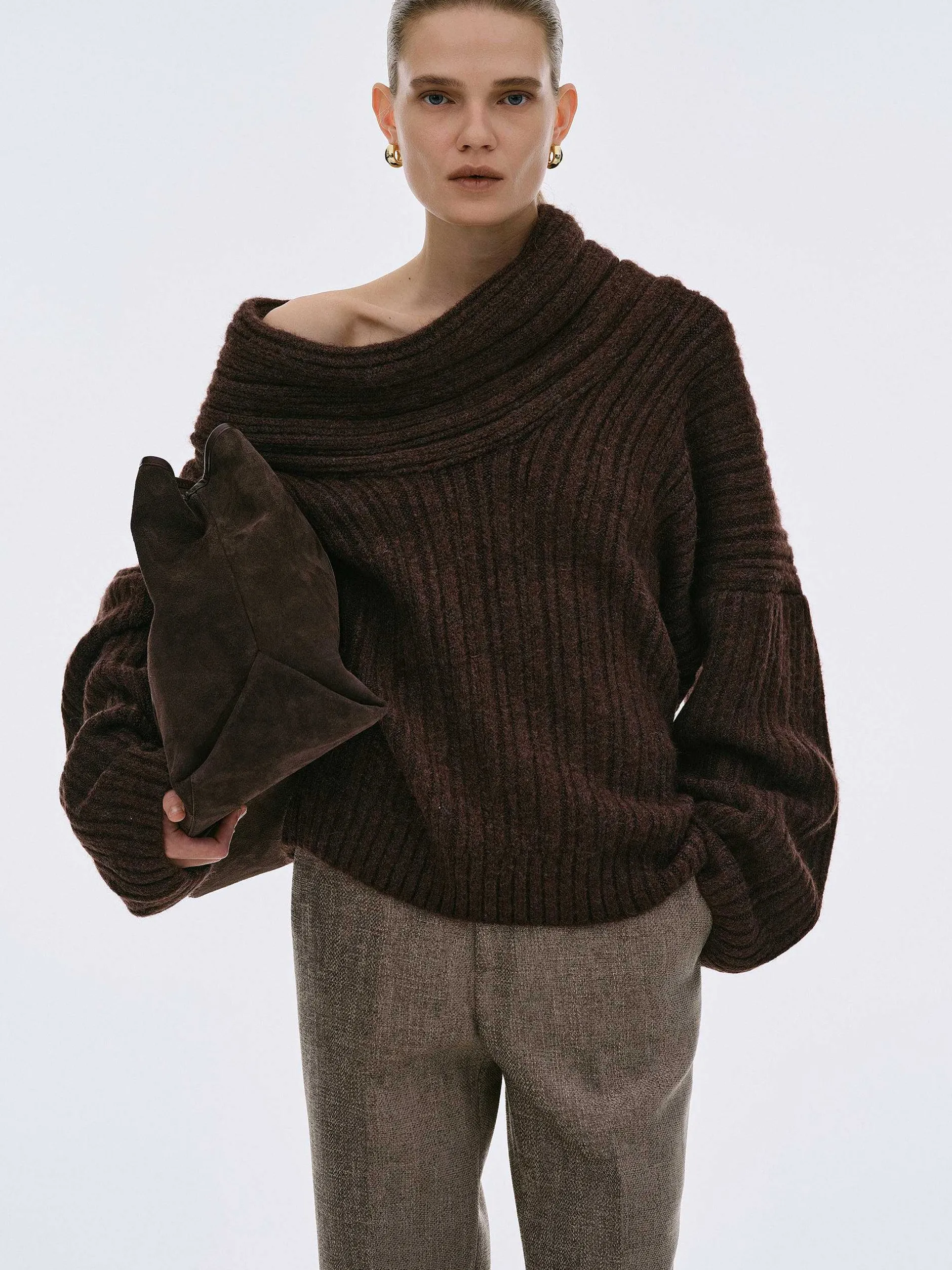 Accessories-Source Unknown Becca Oversized High Roll Knit Pullover, Chocolate