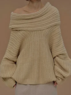 Accessories-Source Unknown Becca Oversized High Roll Knit Pullover, Butter