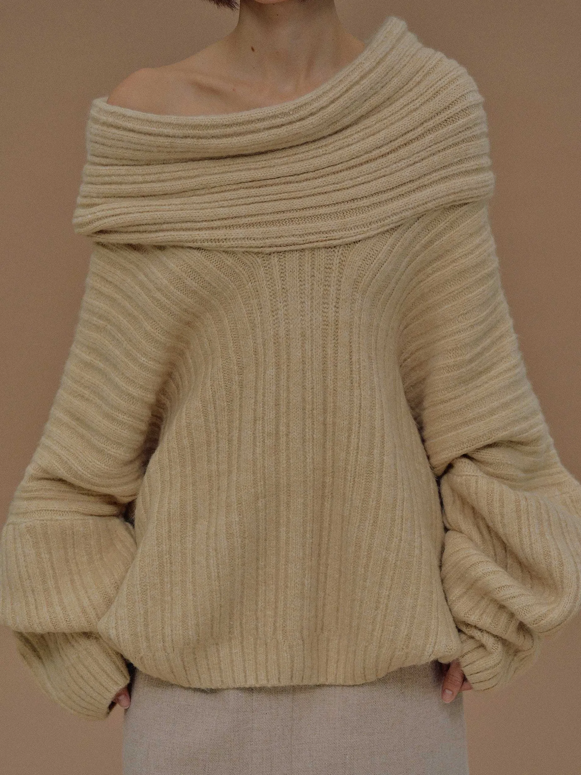 Accessories-Source Unknown Becca Oversized High Roll Knit Pullover, Butter