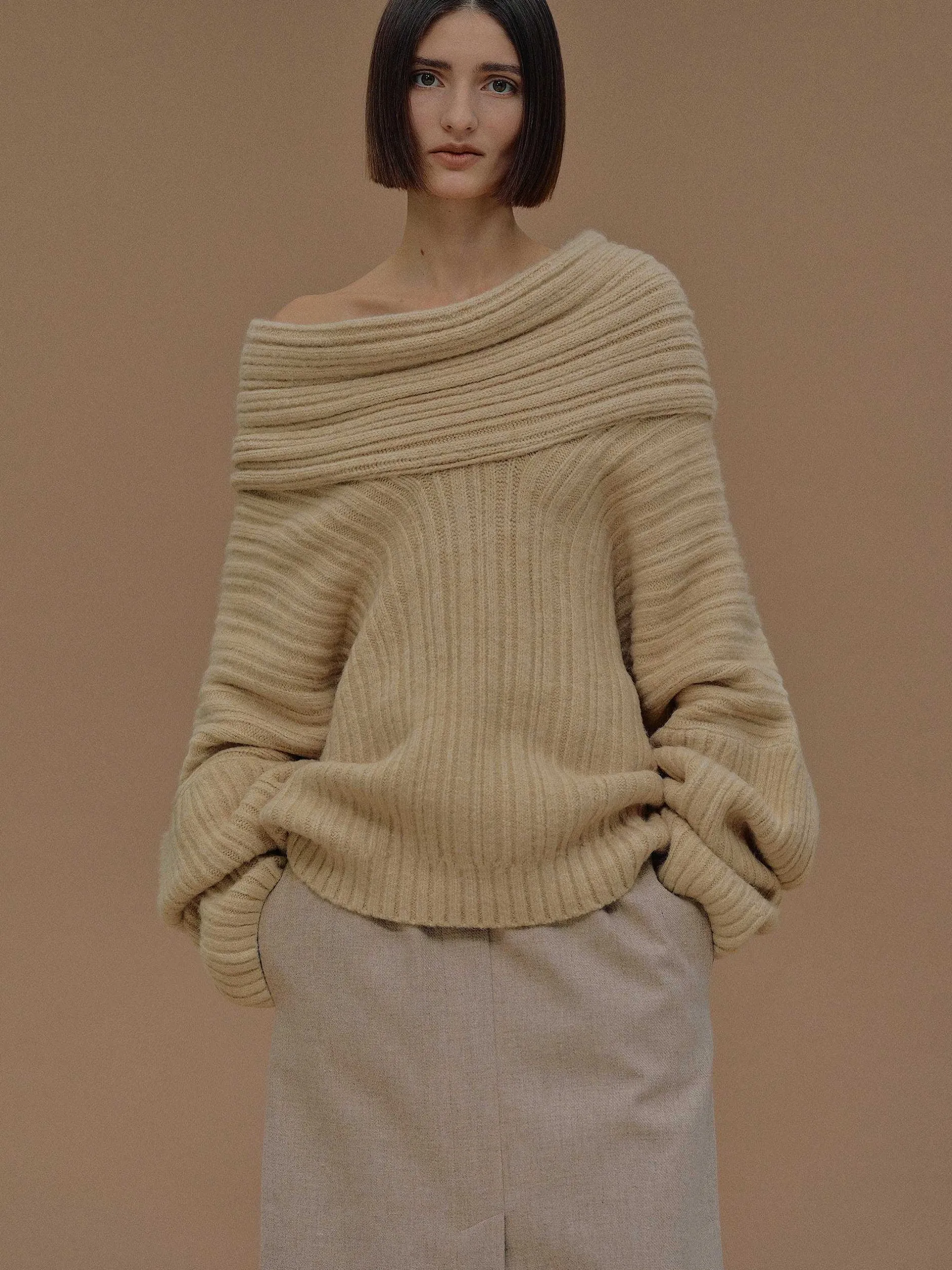 Accessories-Source Unknown Becca Oversized High Roll Knit Pullover, Butter