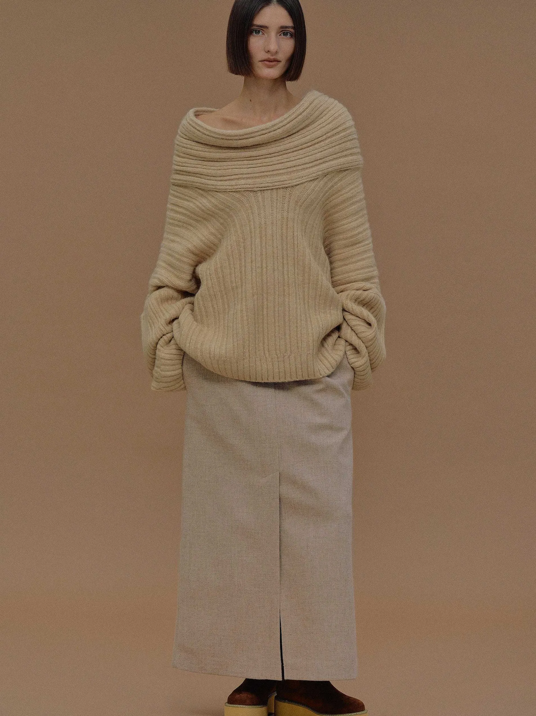 Accessories-Source Unknown Becca Oversized High Roll Knit Pullover, Butter
