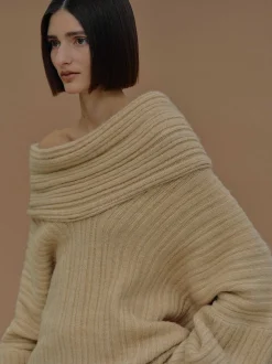 Accessories-Source Unknown Becca Oversized High Roll Knit Pullover, Butter