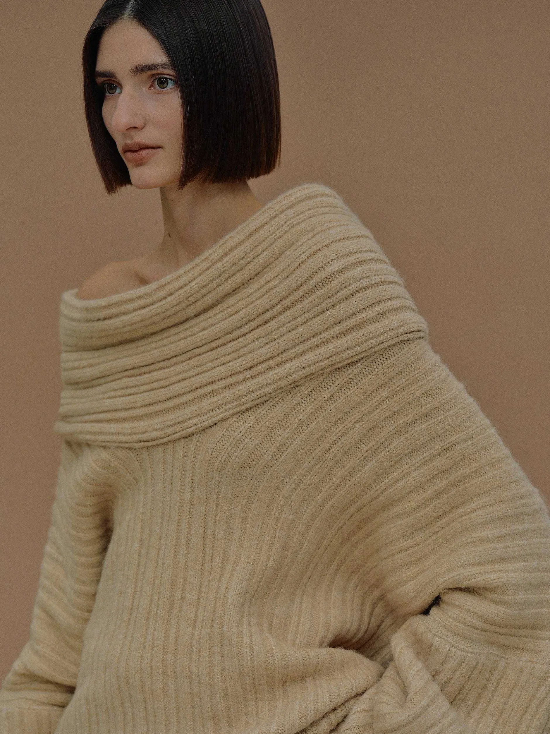 Accessories-Source Unknown Becca Oversized High Roll Knit Pullover, Butter