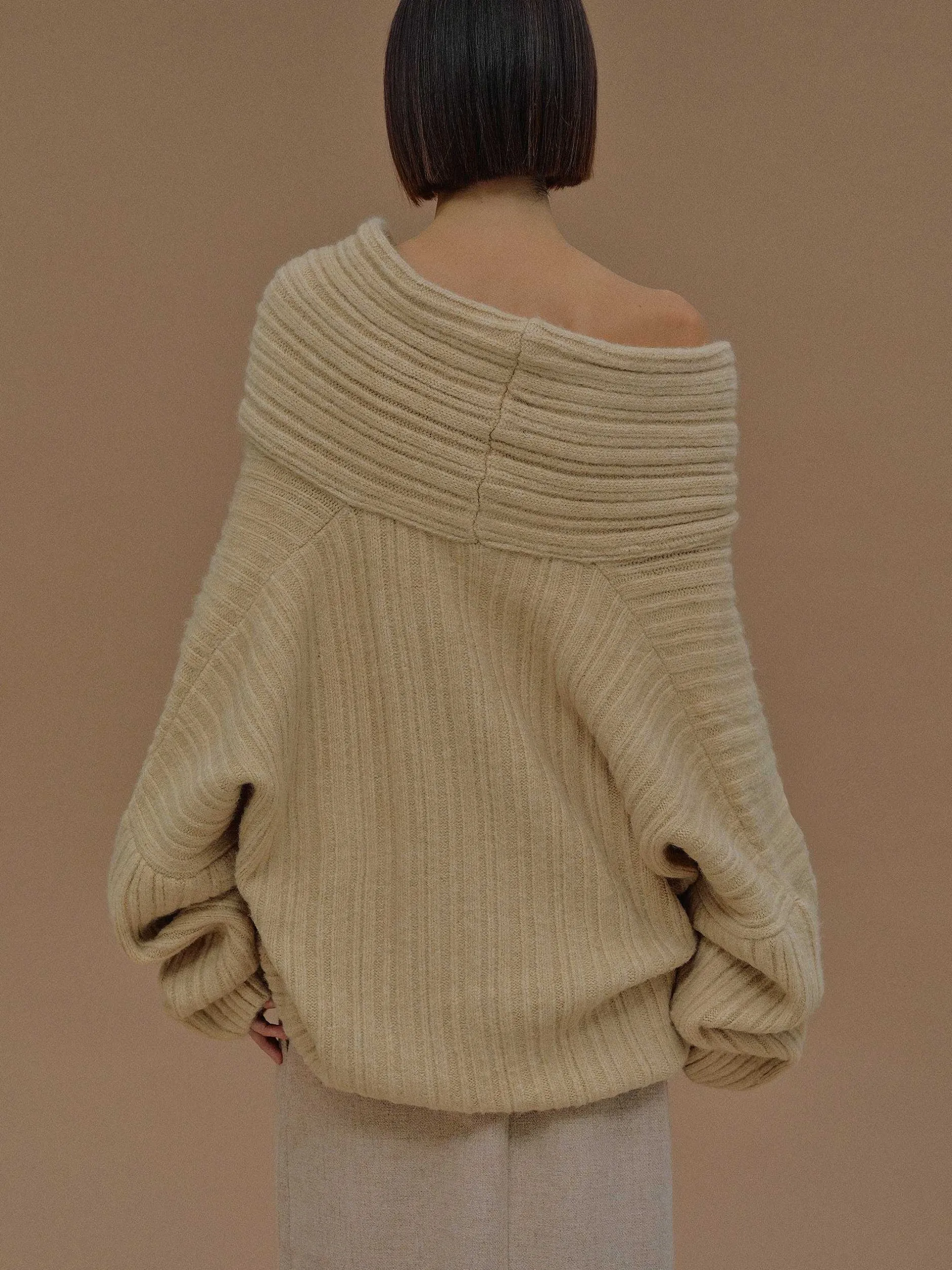 Accessories-Source Unknown Becca Oversized High Roll Knit Pullover, Butter