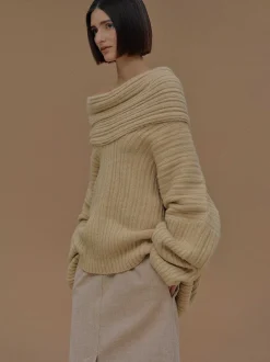 Accessories-Source Unknown Becca Oversized High Roll Knit Pullover, Butter