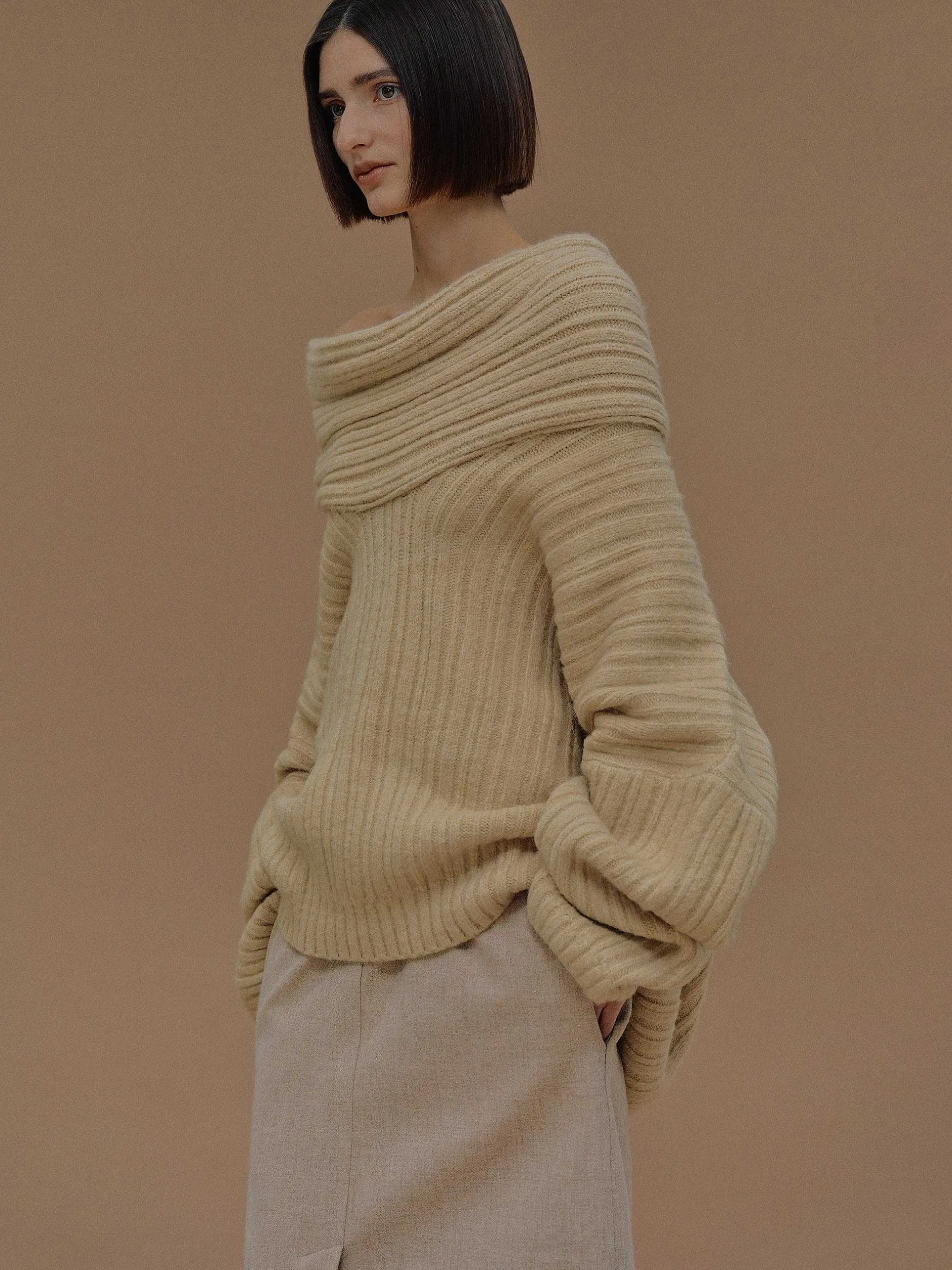 Accessories-Source Unknown Becca Oversized High Roll Knit Pullover, Butter