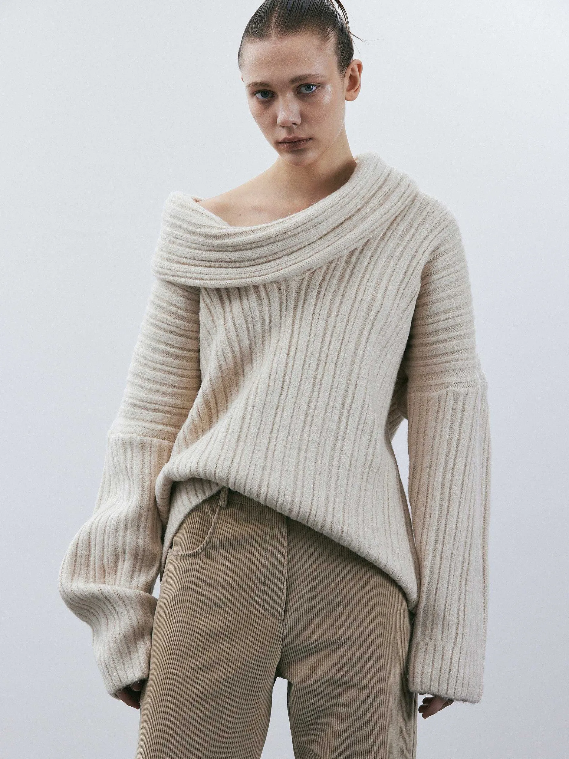 Accessories-Source Unknown Becca Oversized High Roll Knit Pullover, Birch