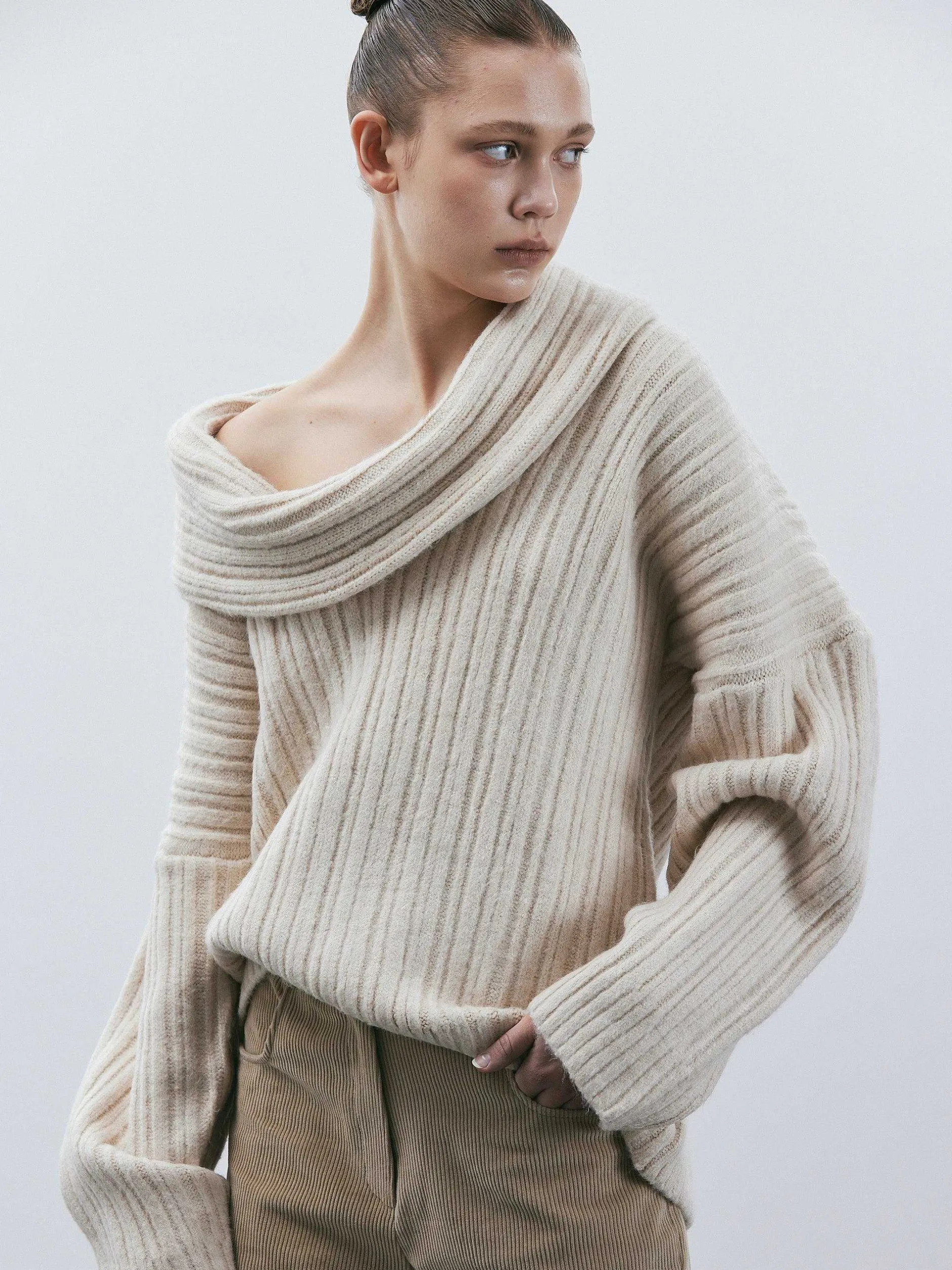 Accessories-Source Unknown Becca Oversized High Roll Knit Pullover, Birch