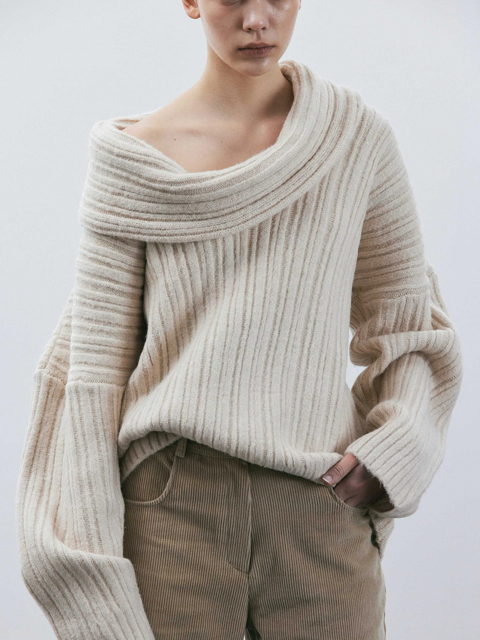 Accessories-Source Unknown Becca Oversized High Roll Knit Pullover, Birch
