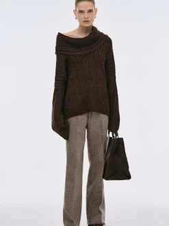 Accessories-Source Unknown Becca Oversized High Roll Knit Pullover, Chocolate