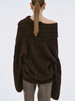 Accessories-Source Unknown Becca Oversized High Roll Knit Pullover, Chocolate