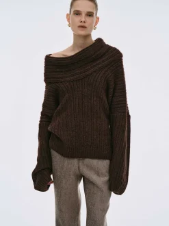 Accessories-Source Unknown Becca Oversized High Roll Knit Pullover, Chocolate