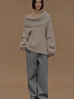 Accessories-Source Unknown Becca Oversized High Roll Knit Pullover, Coconut