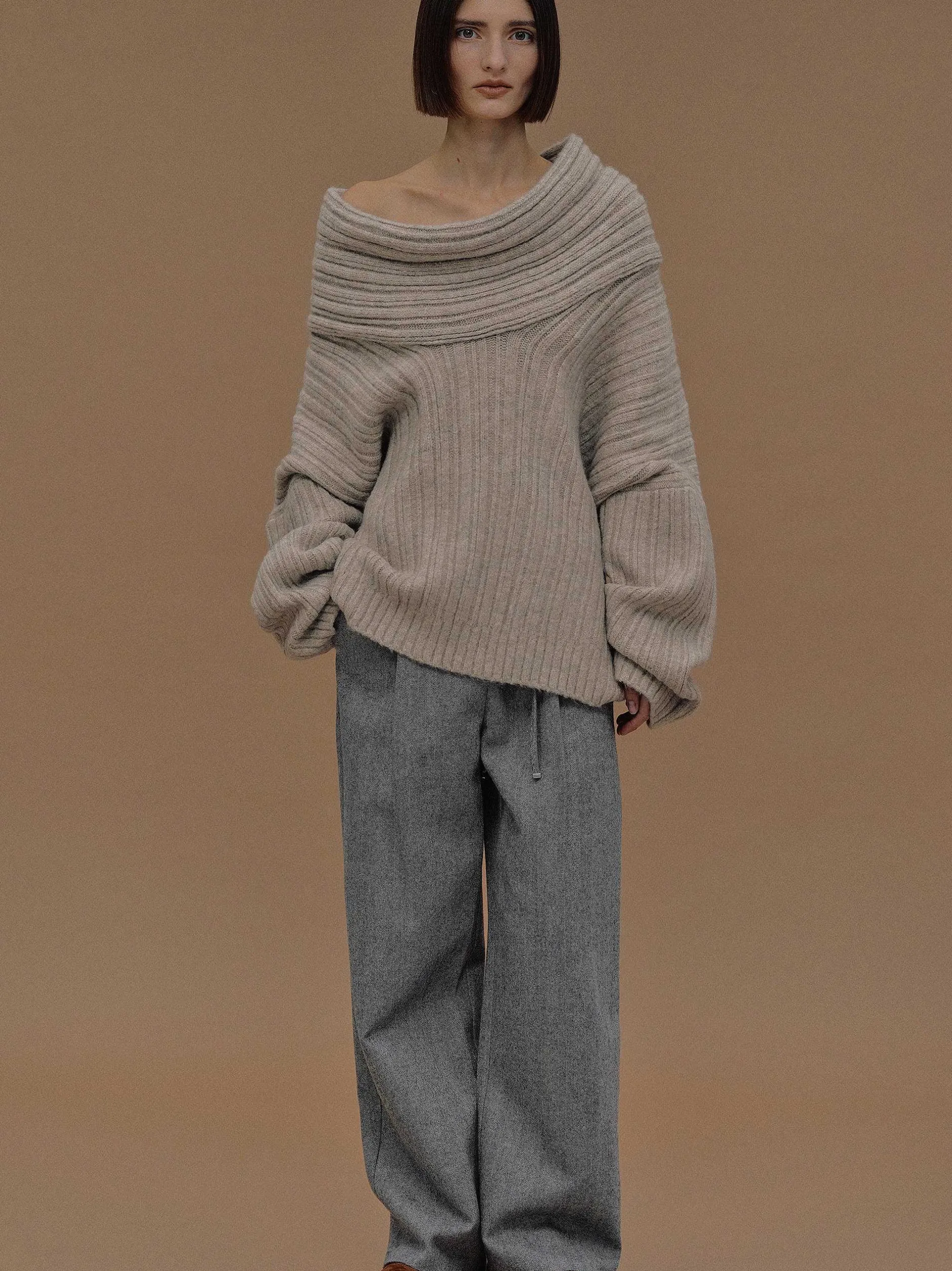 Accessories-Source Unknown Becca Oversized High Roll Knit Pullover, Coconut
