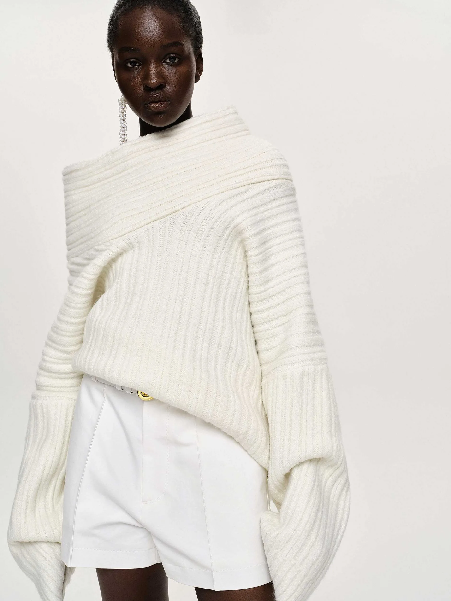 Accessories-Source Unknown Becca Oversized High Roll Knit Pullover, White