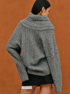 Accessories-Source Unknown Becca Oversized High Roll Knit Pullover, Storm Grey