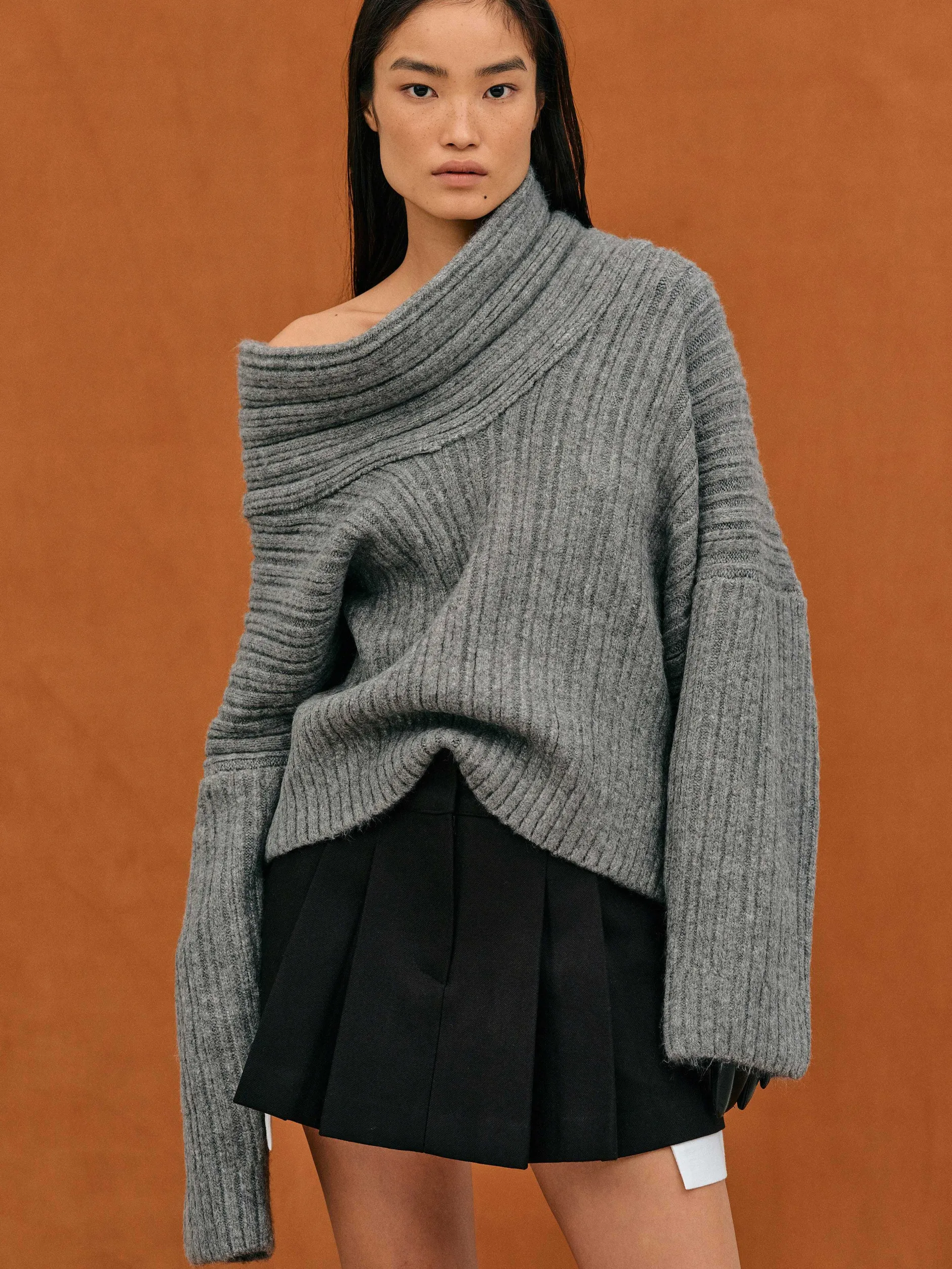 Accessories-Source Unknown Becca Oversized High Roll Knit Pullover, Storm Grey