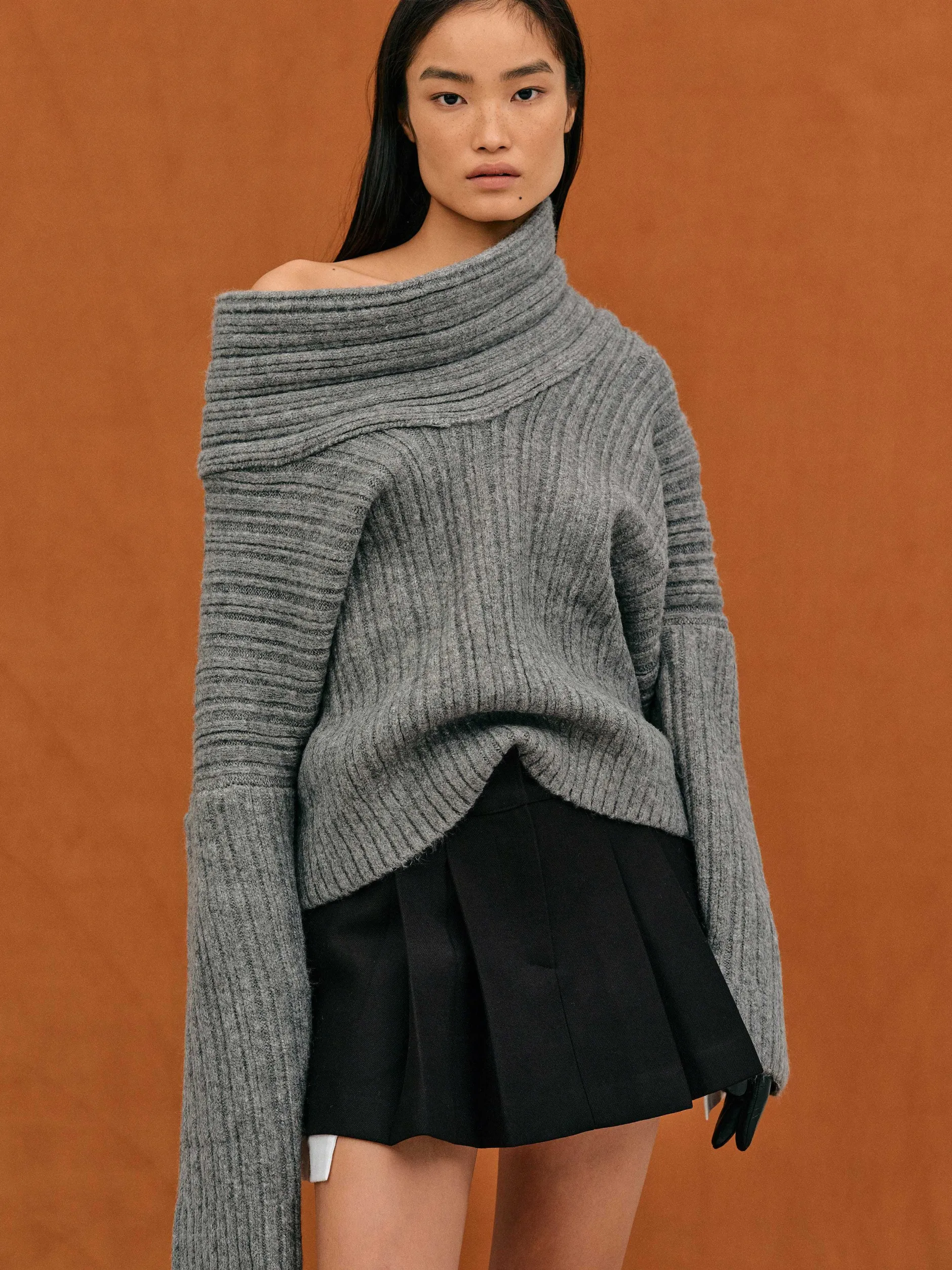 Accessories-Source Unknown Becca Oversized High Roll Knit Pullover, Storm Grey