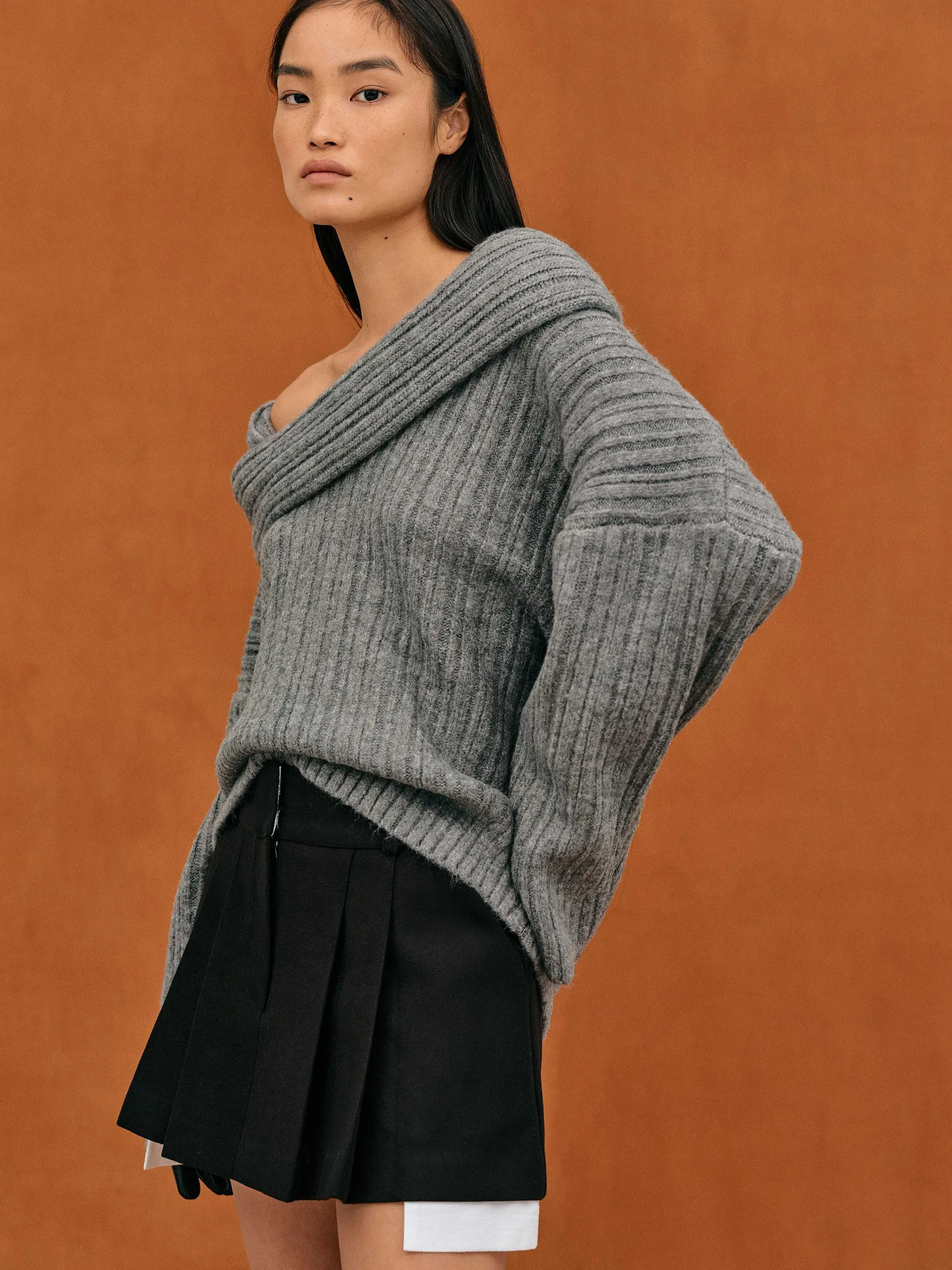 Accessories-Source Unknown Becca Oversized High Roll Knit Pullover, Storm Grey