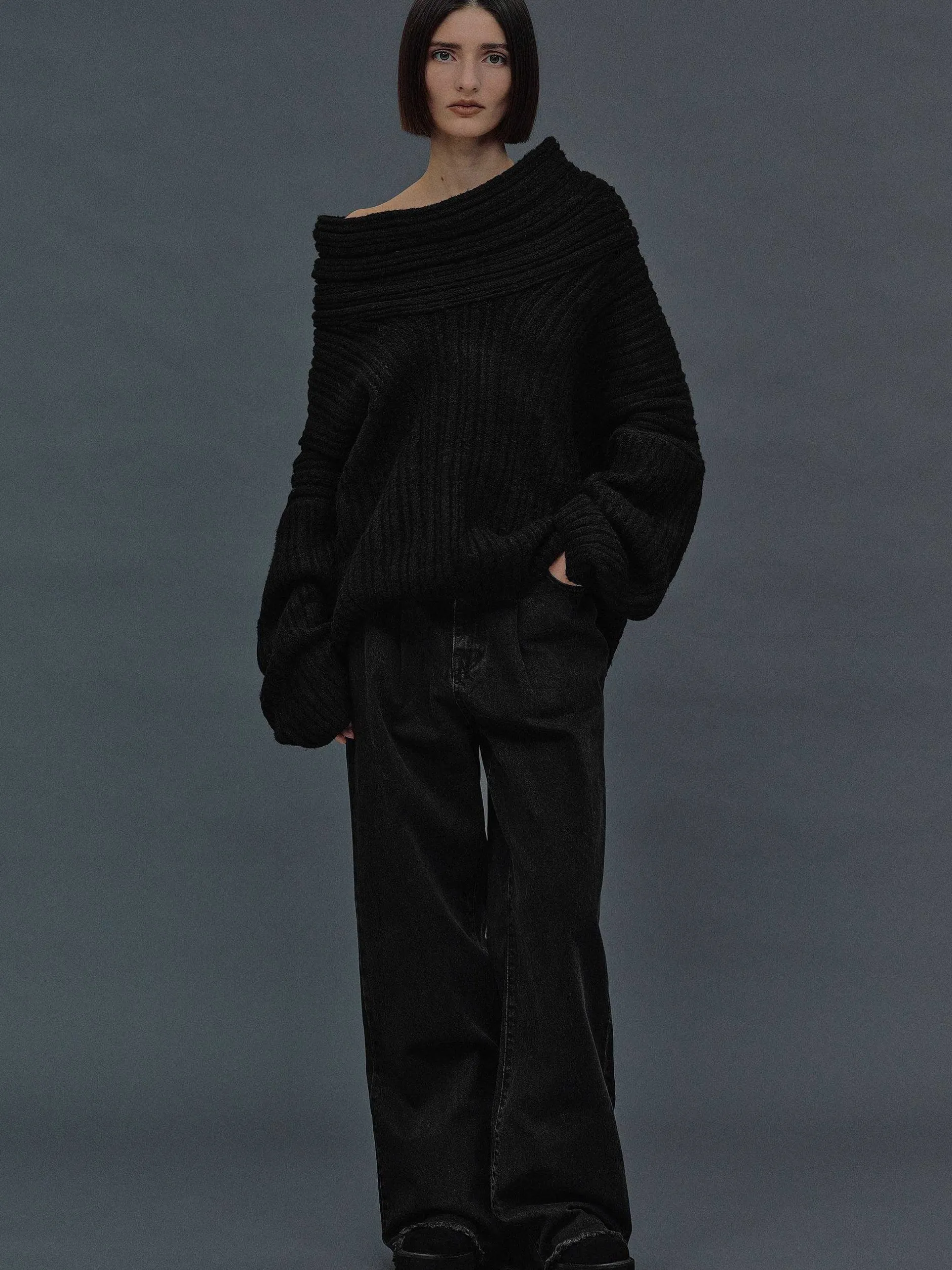 Accessories-Source Unknown Becca Oversized High Roll Knit Pullover, Black