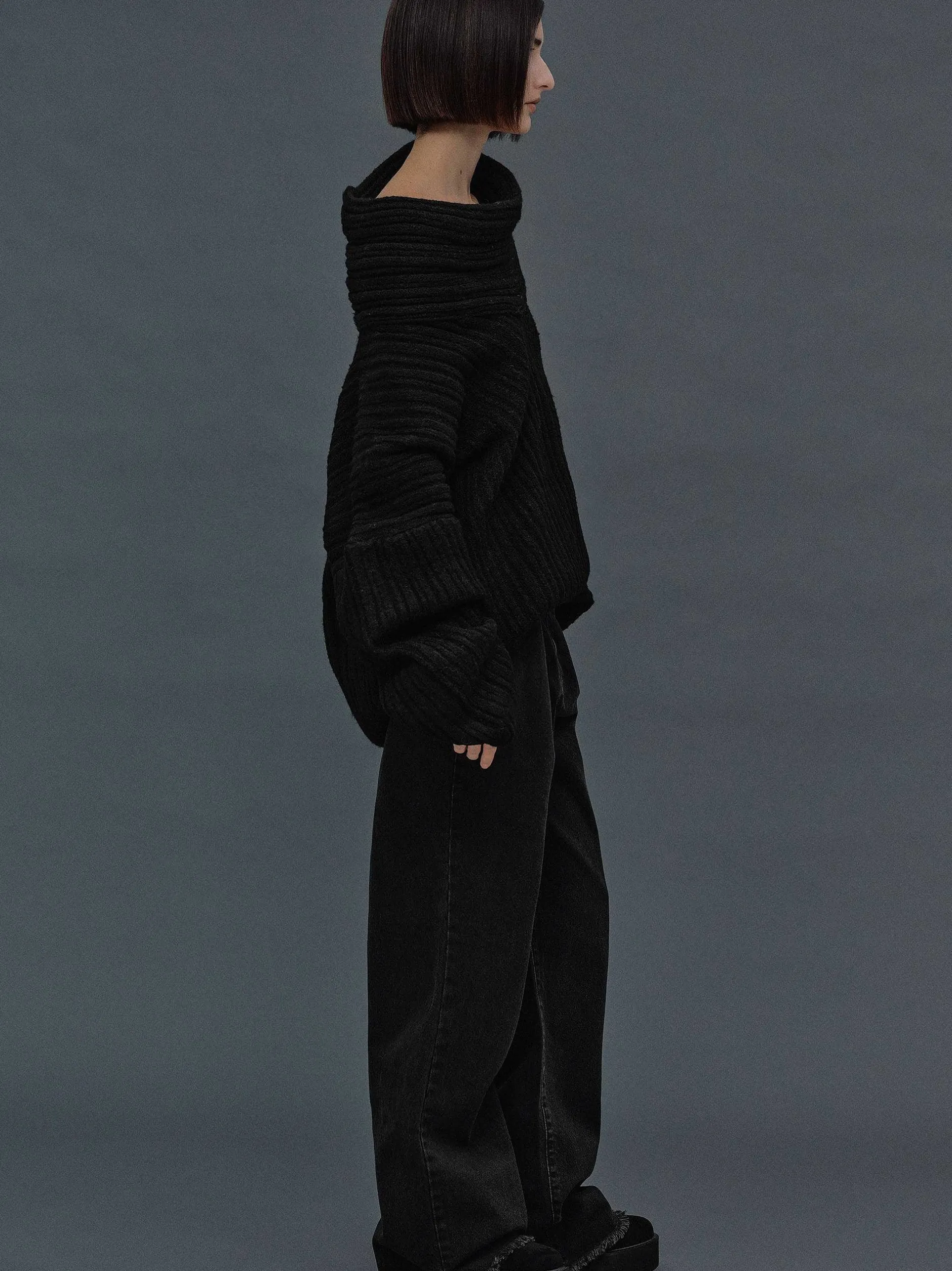 Accessories-Source Unknown Becca Oversized High Roll Knit Pullover, Black
